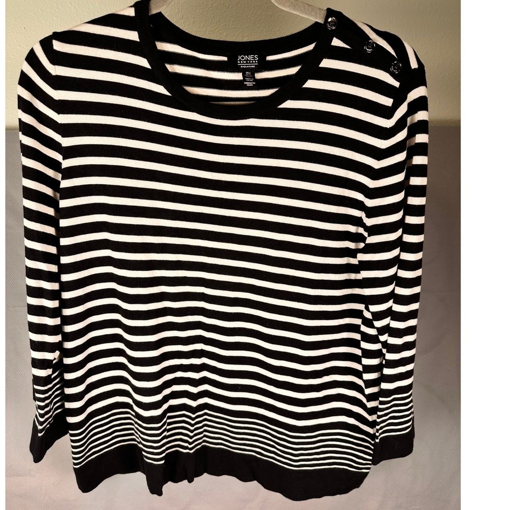 Jones New York Women's Large B&W Stripe Crewneck Button Shoulder Sweater Top